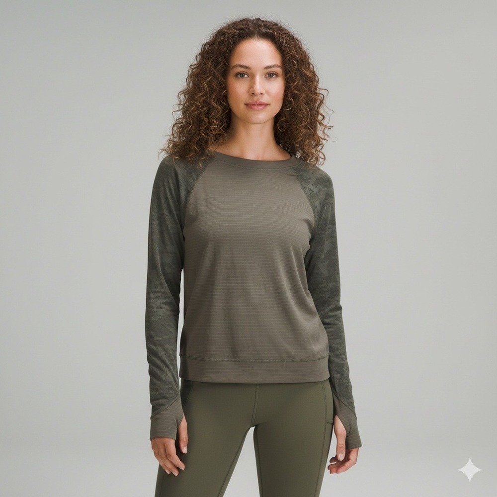 Lululemon Swiftly Tech Long Sleeve Top Camo‎ Sleeve Stripe Olive Green Women's M